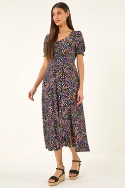 Roman Black Ditsy Floral Sweetheart Midi Dress