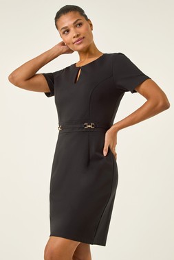 Roman Black Front Keyhole Belted Dress