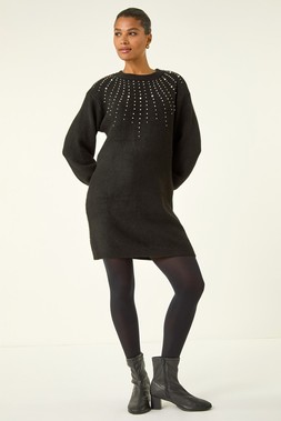 Roman Black Embellished Faux Pearl Knit Dress