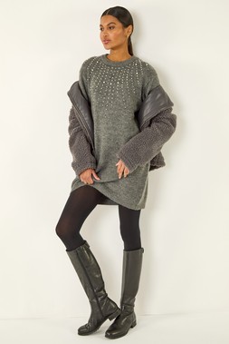 Roman Grey Embellished Faux Pearl Knit Dress