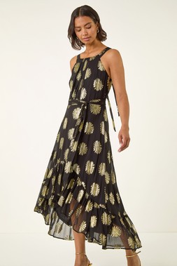 Roman Black Floral Shimmer Halter Neck Dress