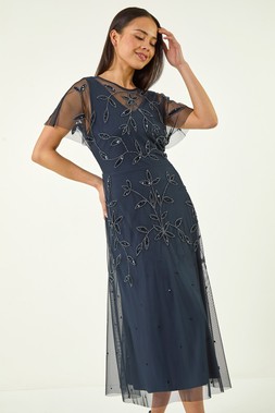 Roman Petite Navy Embroidered Mesh Layered Dress