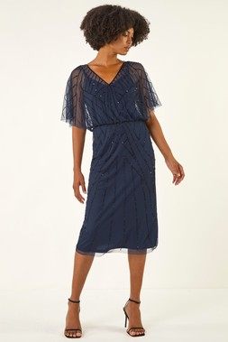 Roman Midnight Blue Embellished V-Neck Midi Dress