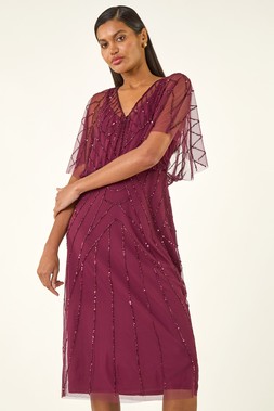 Roman Wine Embellished V-Neck Midi Dress