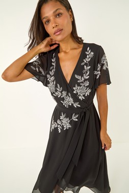Roman Black Premium Embellished Wrap Midi Dress