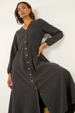 Roman Black Denim Button Through Midi Dress