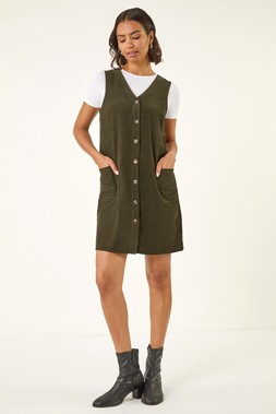 Roman Khaki Cotton V-Neck Button Pocket Dress
