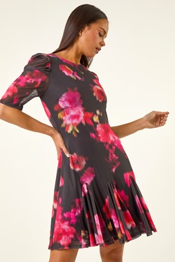 Roman Petite Black Floral Print Mesh Stretch Dress