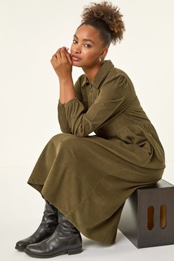 Roman Khaki Corduroy Zip Detail Midi Dress