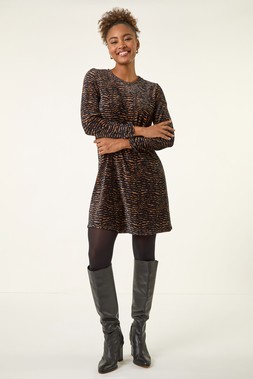 Roman Tan Abstract Print Swing Stretch Dress