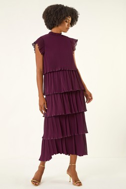 Roman Purple High Neck Tiered Pleat Midi Dress