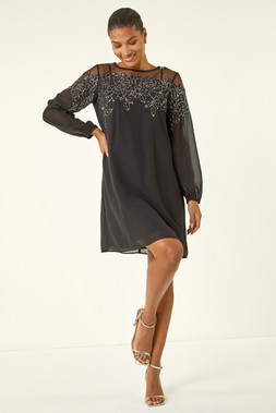 Roman Black Sequin Mesh Neck Sequin Dress