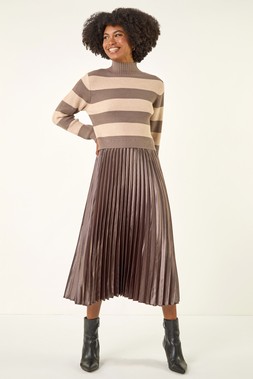 Roman Tan Stripe Knit Pleated Dress
