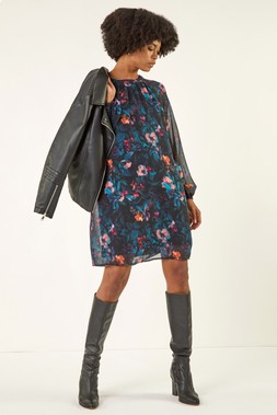 Roman Blue Floral Print Swing Dress