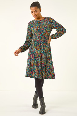 Roman Green Spot Print Frill Stretch Dress