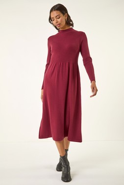 Roman Burgundy Ribbed Knit High Neck Midi Dress