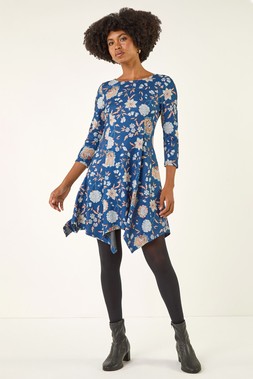 Roman Blue Floral Print Hanky Hem Stretch Dress