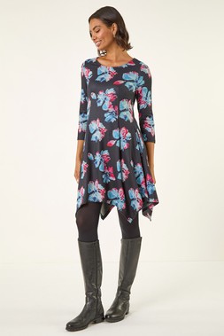 Roman Black Floral Print Hanky Hem Dress