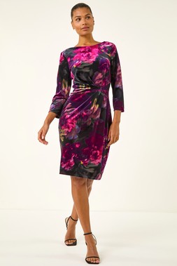 Roman Pink Rose Print Velvet Twist Stretch Dress