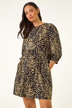 Dusk Black Abstract Puff Sleeve Midi Dress