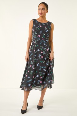 Roman Petite Black Floral Ruched Waist Midi Dress