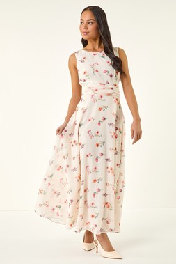 Roman Petite Ivory Floral Ruched Waist Maxi Dress