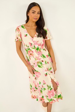 Petite Ivory Floral Print Button Dress