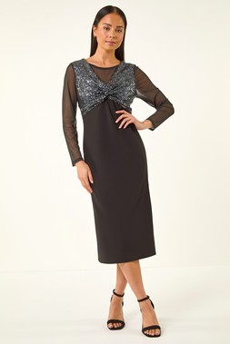 Roman Petite Black Sequin Contrast Knot Midi Dress
