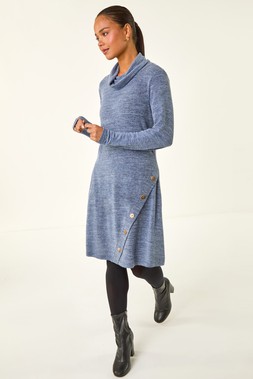 Roman Petite Blue Soft Marl Buttoned Cowl Neck Dress
