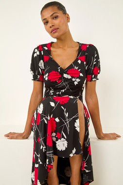 Roman Red Floral Print Ruched Midi Dress