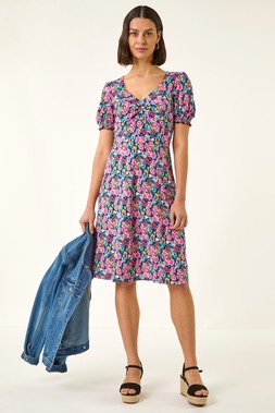Roman Pink Floral Print Ruched Dress