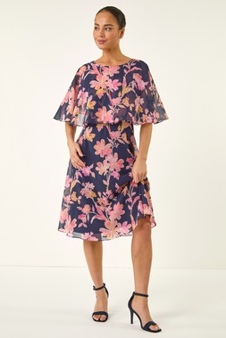 Roman Petite Navy Floral Print Cape Dress