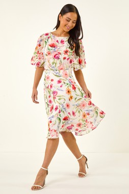 Petite Ivory Floral Print Cape Dress