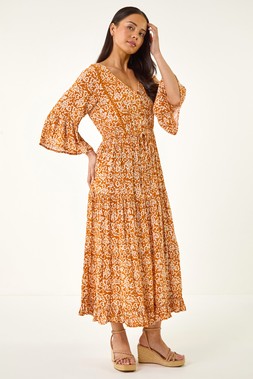 Roman Petite Dark Orange Abstract Print V-Neck Midi Dress