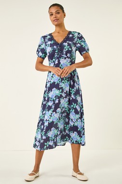 Roman Navy Floral Lace Trim Midi Dress