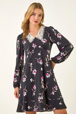Dusk Black Lace Collar Floral Print Dress