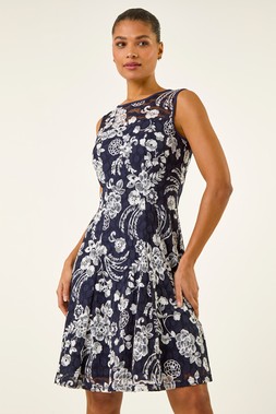 Roman Navy Floral Print Lace Stretch Dress