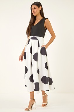 Roman Black Spot Print Premium Stretch Dress