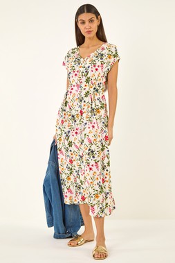 Roman Multi Floral Print Textured Midi Dress