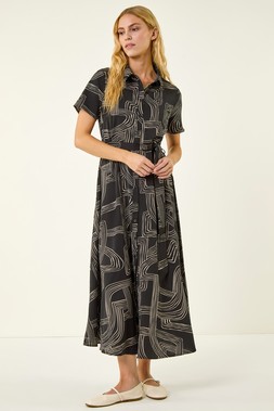 Roman Black Geo Linear Print Shirt Midi Dress