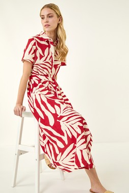 Roman Red Leaf Print Belted Midi Shirt Dress