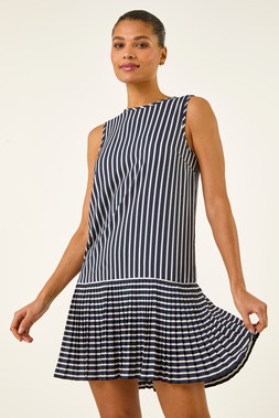 Roman Navy Stripe Print Pleated A-Line Dress