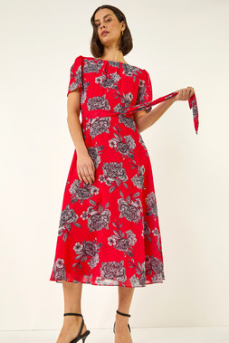 Roman Red Floral Print Stretch Pleated Dress