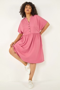 Roman Curve Pink Button Detail Shirt Dress