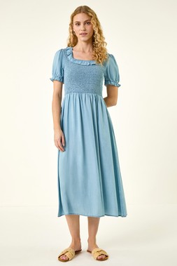 Roman Denim Shirred Frill Midi Dress