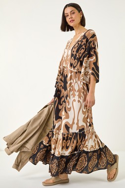 Roman Tan Boho Border Print Maxi Dress