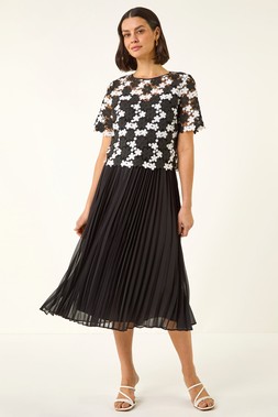 Roman Black Lace Overlay Pleated Midi Dress