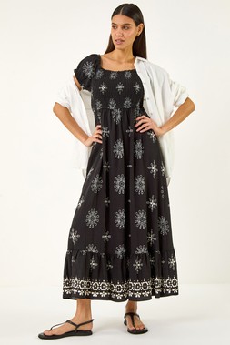 Roman Black Broderie Shirred Maxi Dress