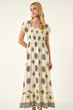 Roman Ivory Broderie Shirred Maxi Dress