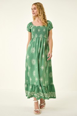 Roman Sage Broderie Shirred Maxi Dress